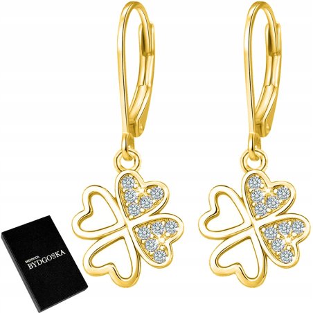 Piękne srebrne kolczyki koniczynki serca kolczyki wiszące pozłacane srebro próba 925