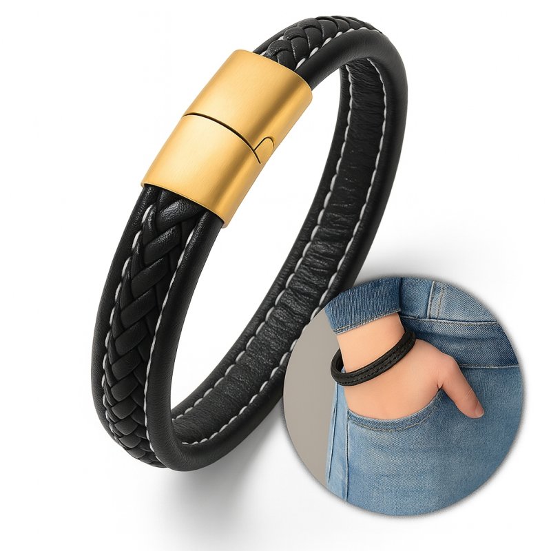 Bransoletka męska skórzana czarna magnetyczna pozłacana stal 316L