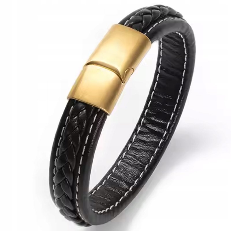 Bransoletka męska skórzana czarna magnetyczna pozłacana stal 316L