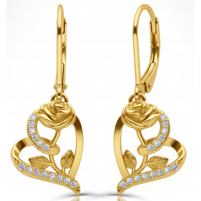 Srebrne kolczyki wiszące serca róże angielskie pozłacane srebro próba 925