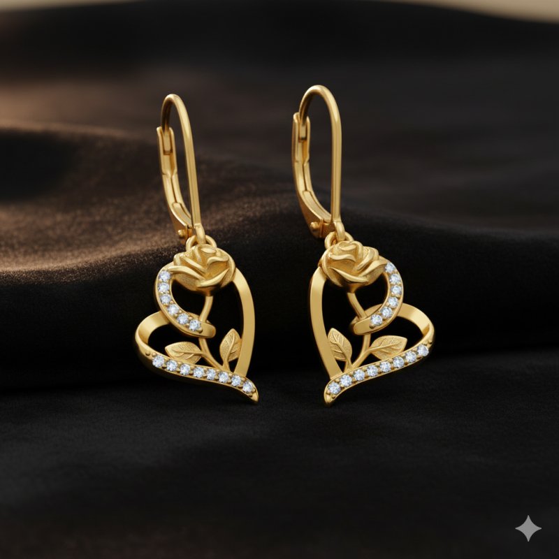 Srebrne kolczyki wiszące serca róże angielskie pozłacane srebro próba 925