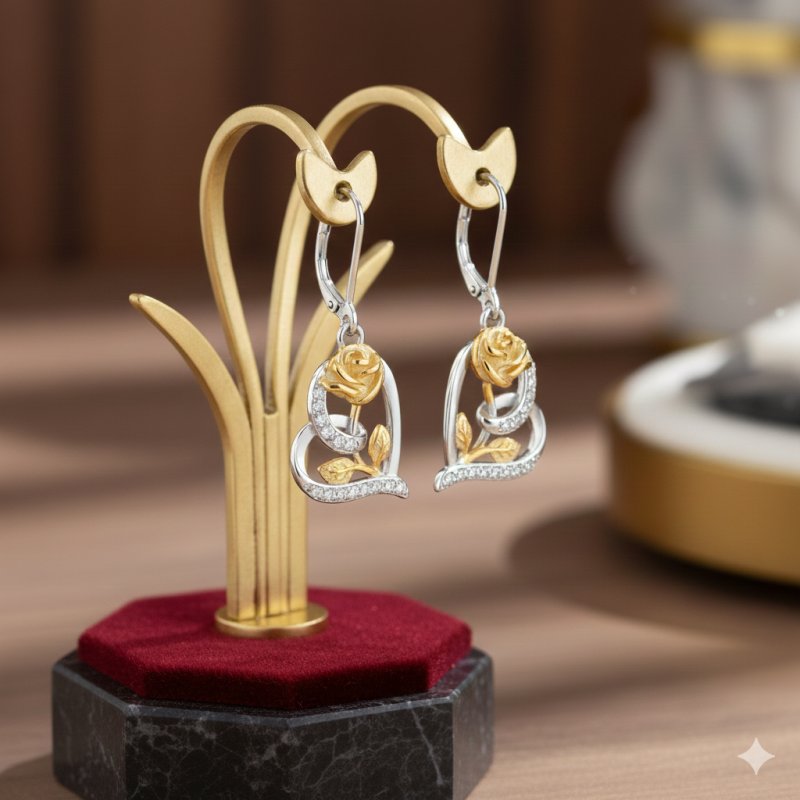 Srebrne kolczyki serca róże wiszące kwiatki kolczyki srebro pozłacane