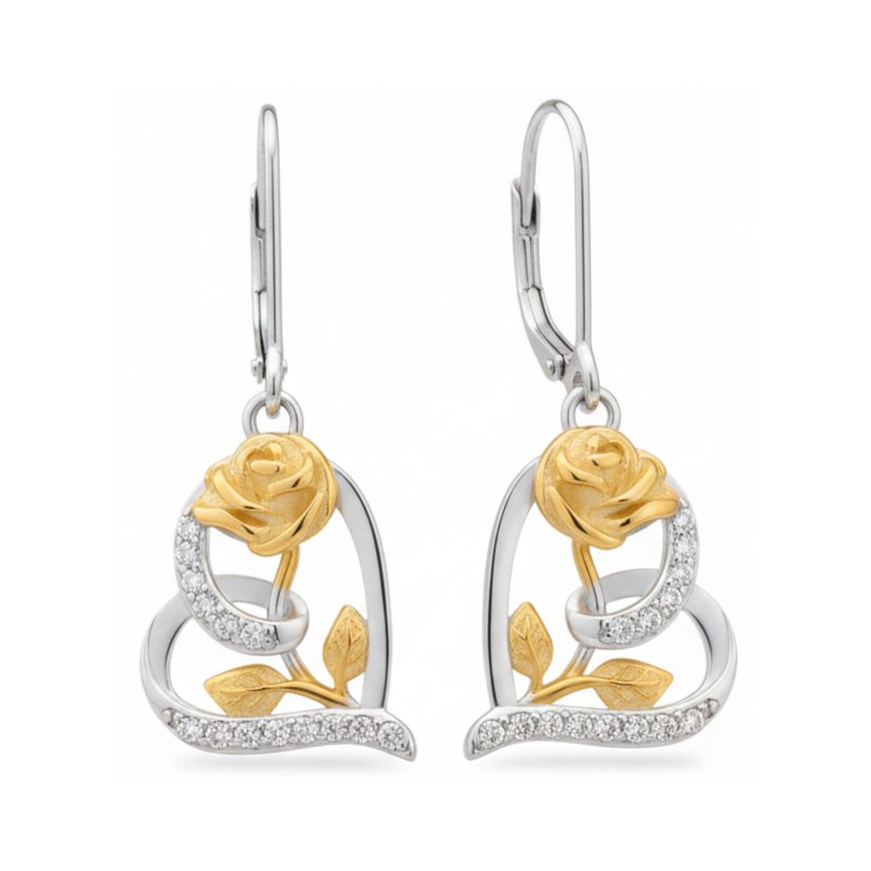 Srebrne kolczyki serca róże wiszące kwiatki kolczyki srebro pozłacane