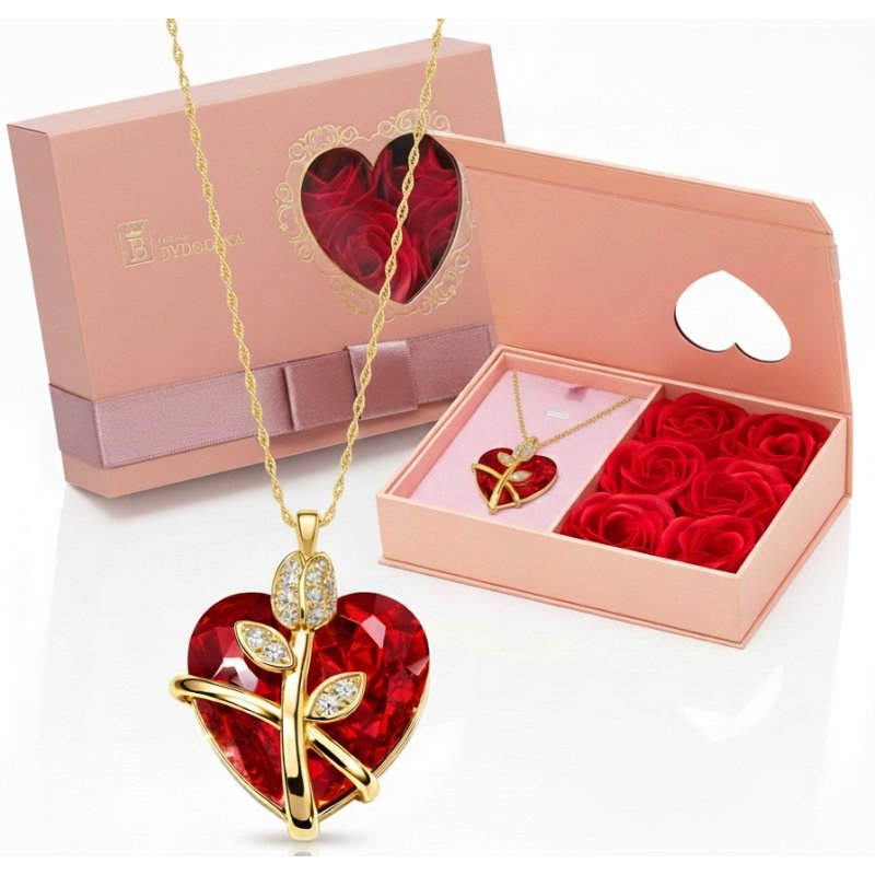Srebrny naszyjnik łańcuszek damski serce pozłacany + szkatułka róża srebro pozłacane