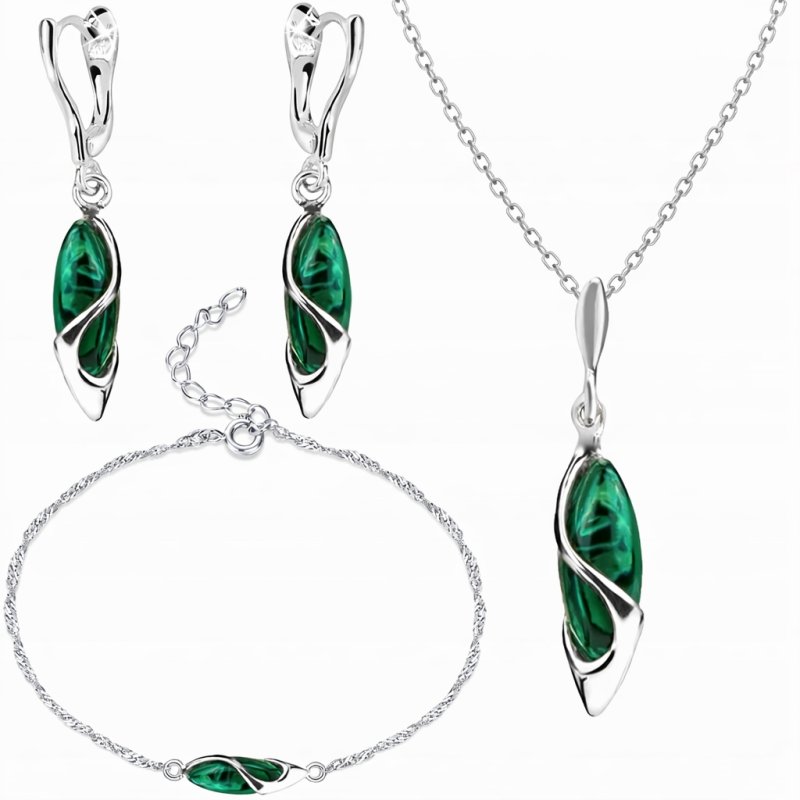 Srebrny komplet biżuterii rodowanej malachit 925