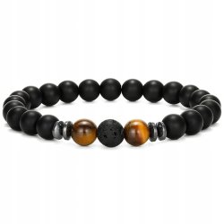 Bransoletka męska czarna potrójna lawa wulkaniczna onyks tygrysie oko stal