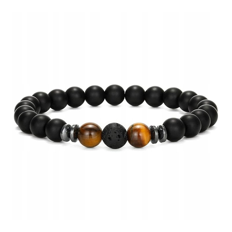 Bransoletka męska czarna potrójna lawa wulkaniczna onyks tygrysie oko stal