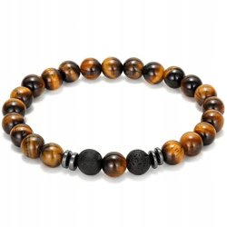 Bransoletka męska czarna potrójna lawa wulkaniczna onyks tygrysie oko stal