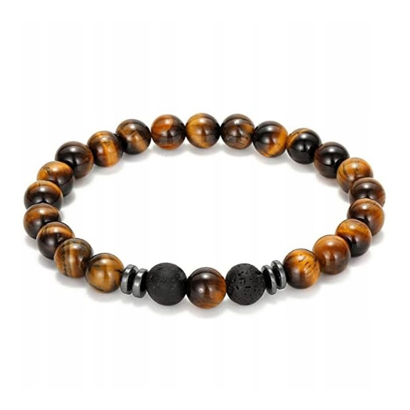 Bransoletka męska czarna potrójna lawa wulkaniczna onyks tygrysie oko stal