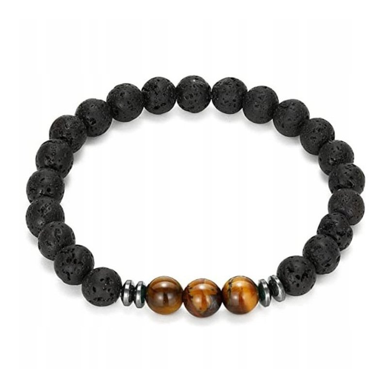 Bransoletka męska czarna potrójna lawa wulkaniczna onyks tygrysie oko stal