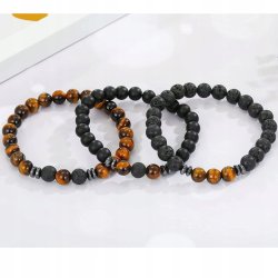 Bransoletka męska czarna potrójna lawa wulkaniczna onyks tygrysie oko stal