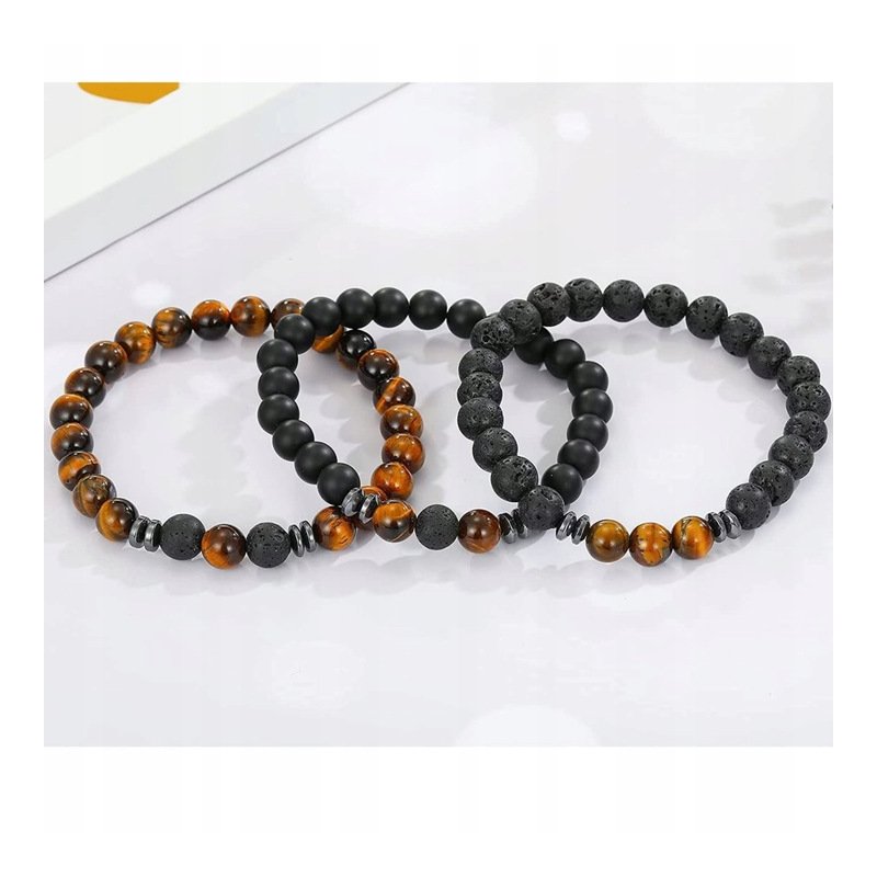 Bransoletka męska czarna potrójna lawa wulkaniczna onyks tygrysie oko stal