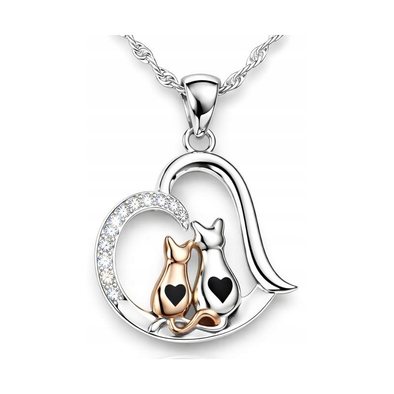 Srebrny naszyjnik damski koty serce z cyrkoniami srebro 925 Walentynki