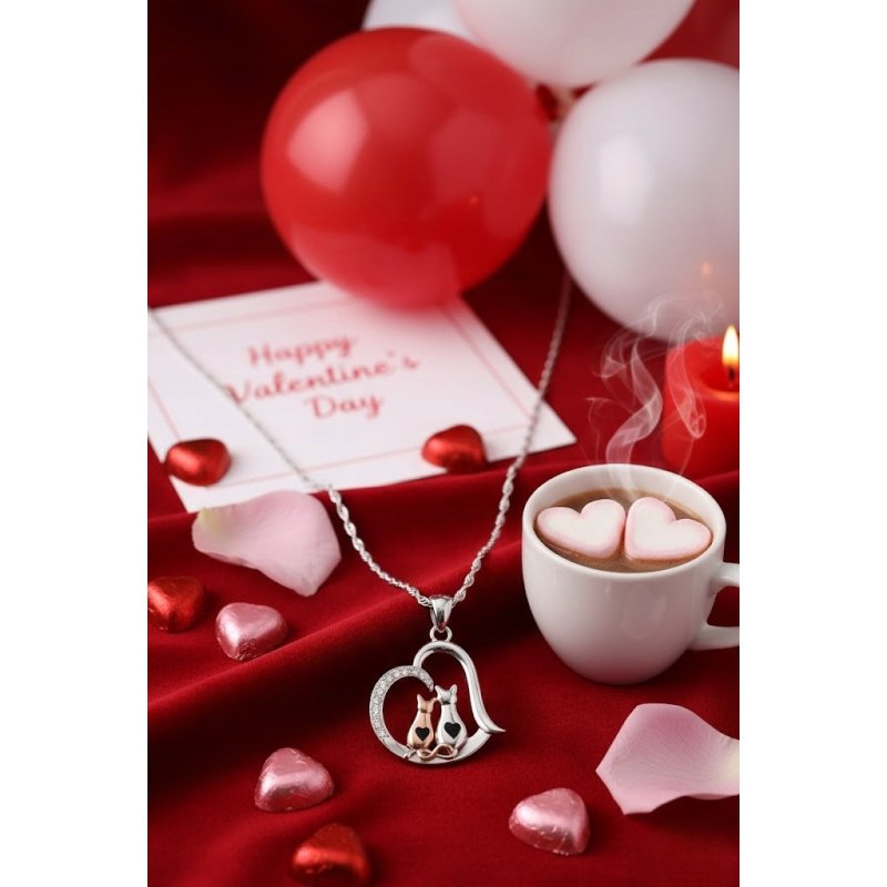Srebrny naszyjnik damski koty serce z cyrkoniami srebro 925 Walentynki
