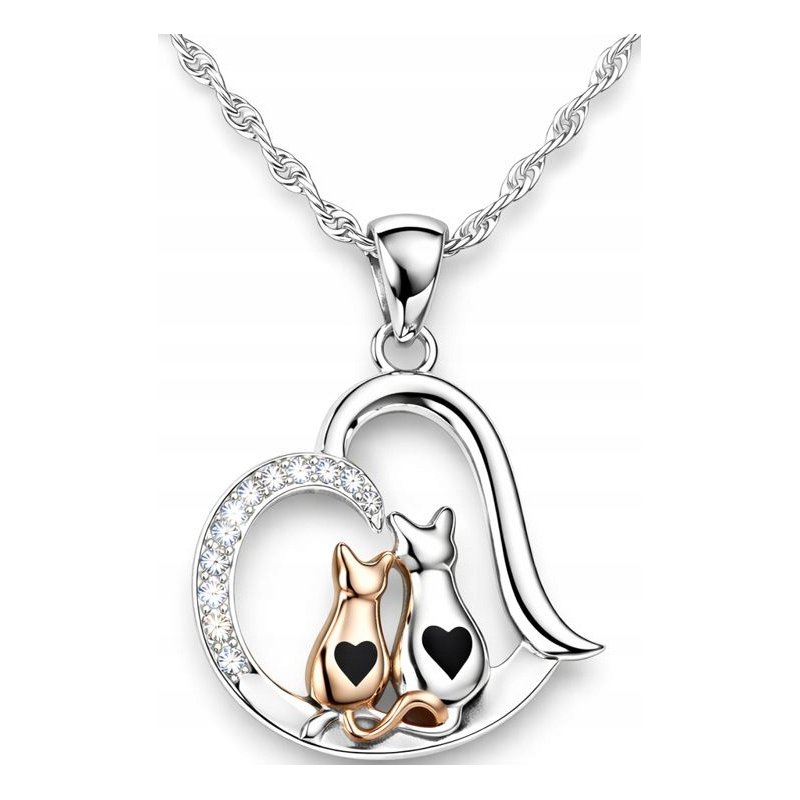 Srebrny naszyjnik damski koty serce z cyrkoniami srebro 925 Walentynki