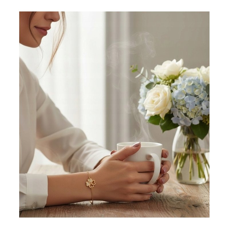 Bransoletka damska srebrna pozłacana koniczynka serce próba 925 walentynki