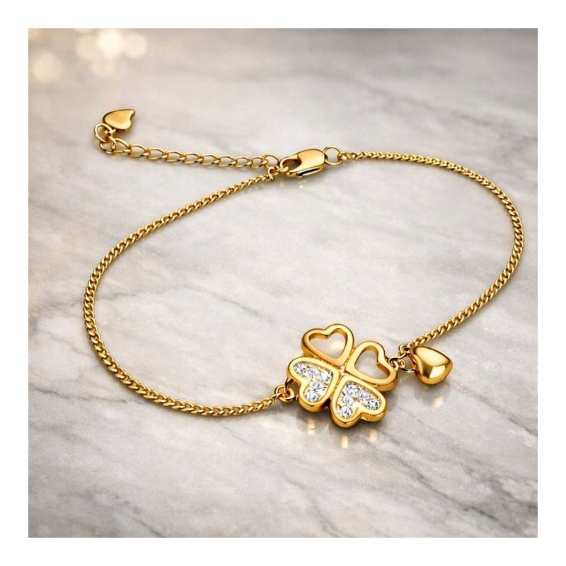 Bransoletka damska srebrna pozłacana koniczynka serce próba 925 walentynki