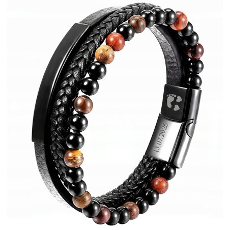 Bransoletka męska skórzana potrójna brązowe koraliki stal 316L grawer