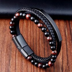 Bransoletka męska skórzana potrójna brązowe koraliki stal 316L grawer