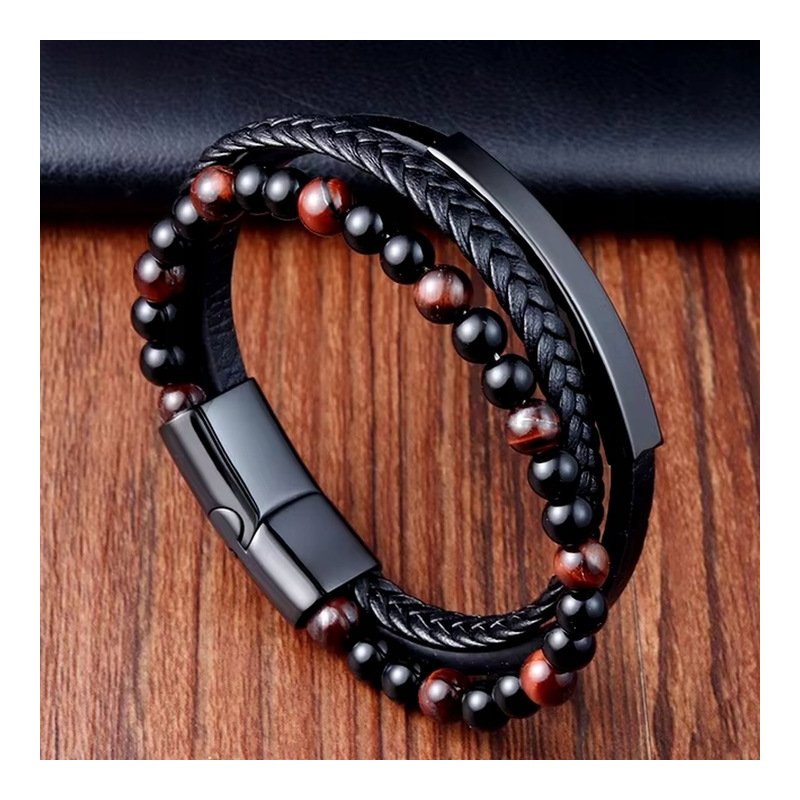 Bransoletka męska skórzana potrójna brązowe koraliki stal 316L grawer