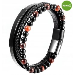 Bransoletka męska skórzana potrójna brązowe koraliki stal 316L grawer