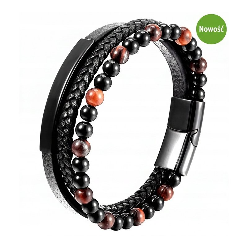 Bransoletka męska skórzana potrójna brązowe koraliki stal 316L grawer