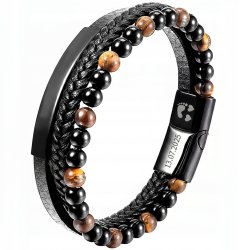 Bransoletka męska skórzana potrójna tygrysie oko koraliki stal 316 L grawer