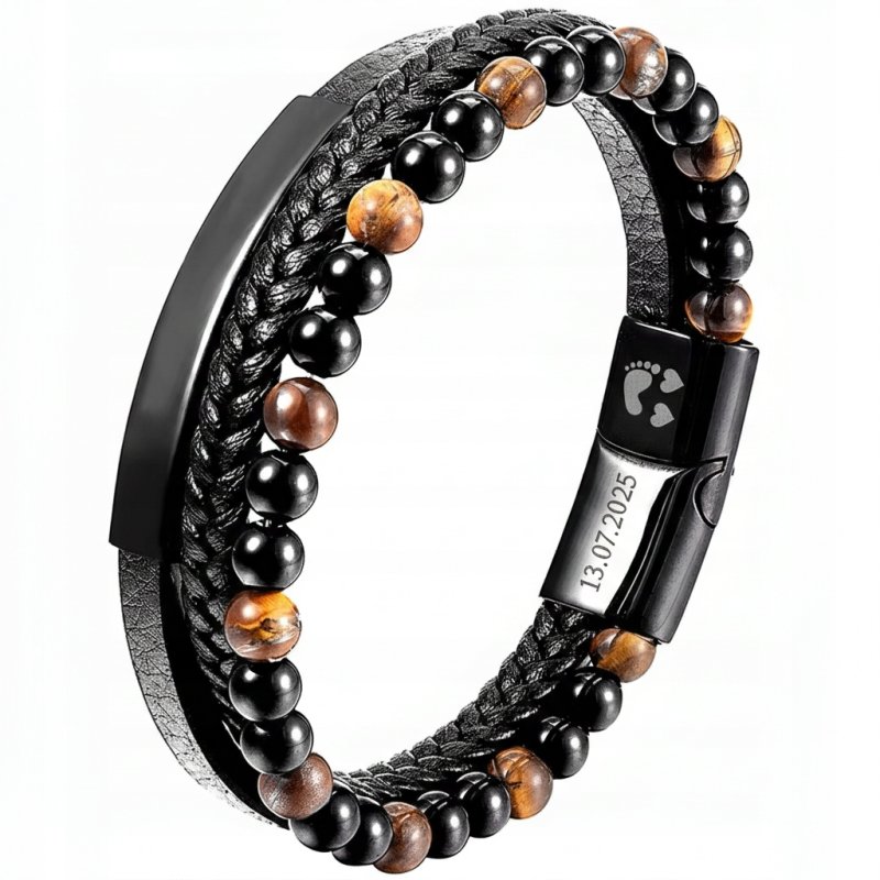 Bransoletka męska skórzana potrójna tygrysie oko koraliki stal 316 L grawer