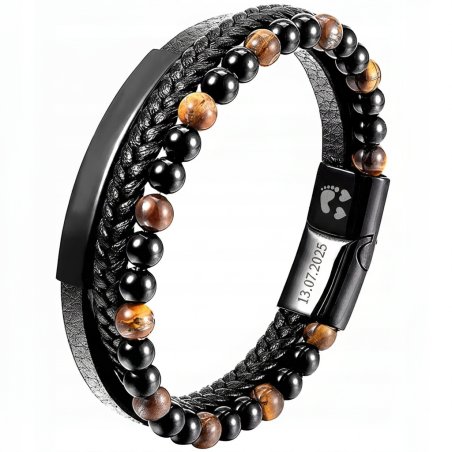 Bransoletka męska skórzana potrójna tygrysie oko koraliki stal 316 L grawer