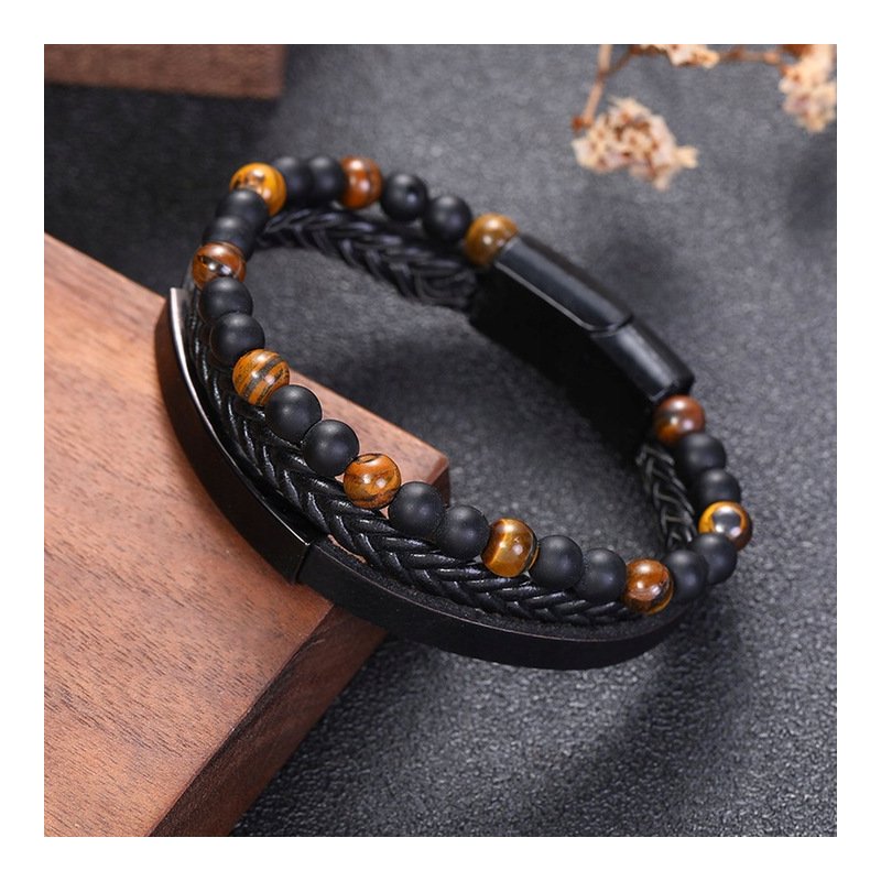 Bransoletka męska skórzana potrójna tygrysie oko koraliki stal 316 L grawer