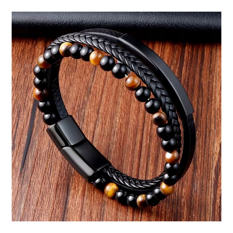 Bransoletka męska skórzana potrójna tygrysie oko koraliki stal 316 L grawer