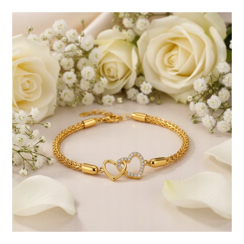 Bransoletka damska srebrna pozłacana serca cyrkonie próba 925 walentynki