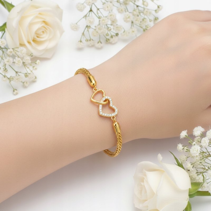 Bransoletka damska srebrna pozłacana serca cyrkonie próba 925 walentynki