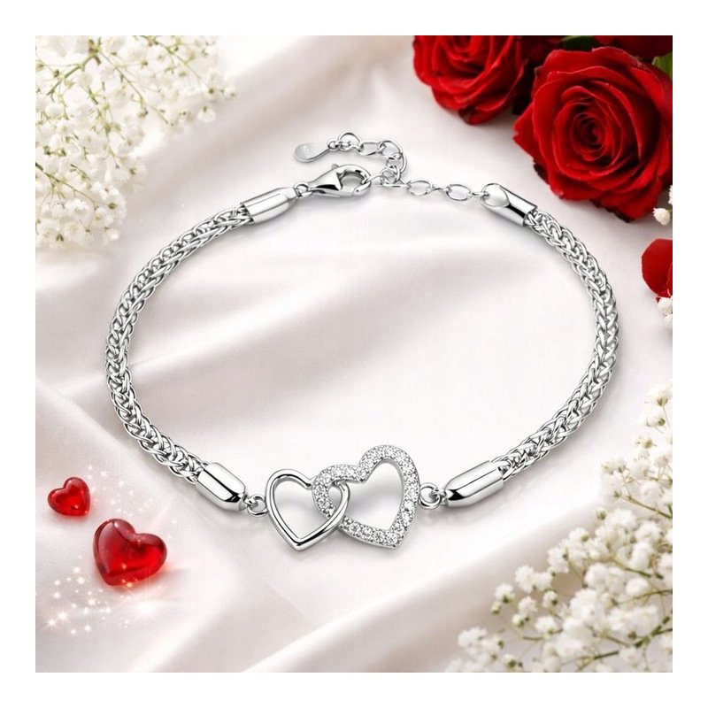 Bransoletka damska srebrna serca cyrkonie srebro próba 925 walentynki
