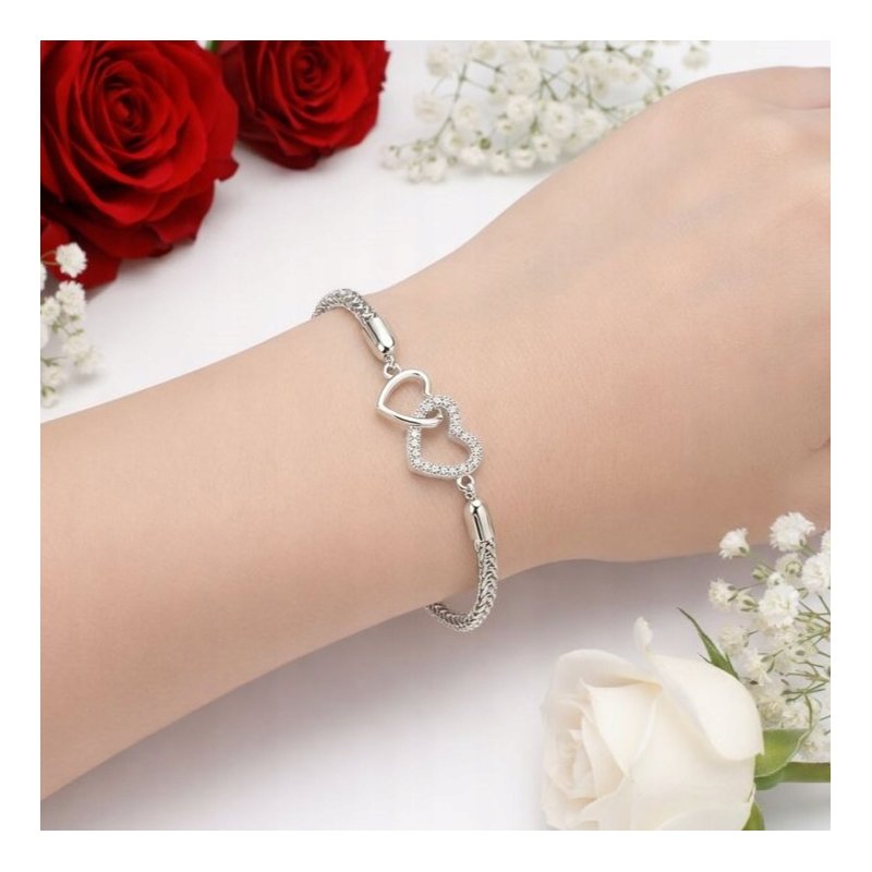 Bransoletka damska srebrna serca cyrkonie srebro próba 925 walentynki