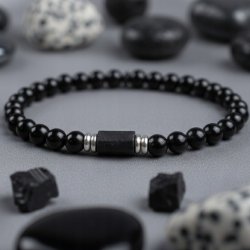 Bransoleta męska czarna turmalin kamień wulkaniczny regulowana stal 316L