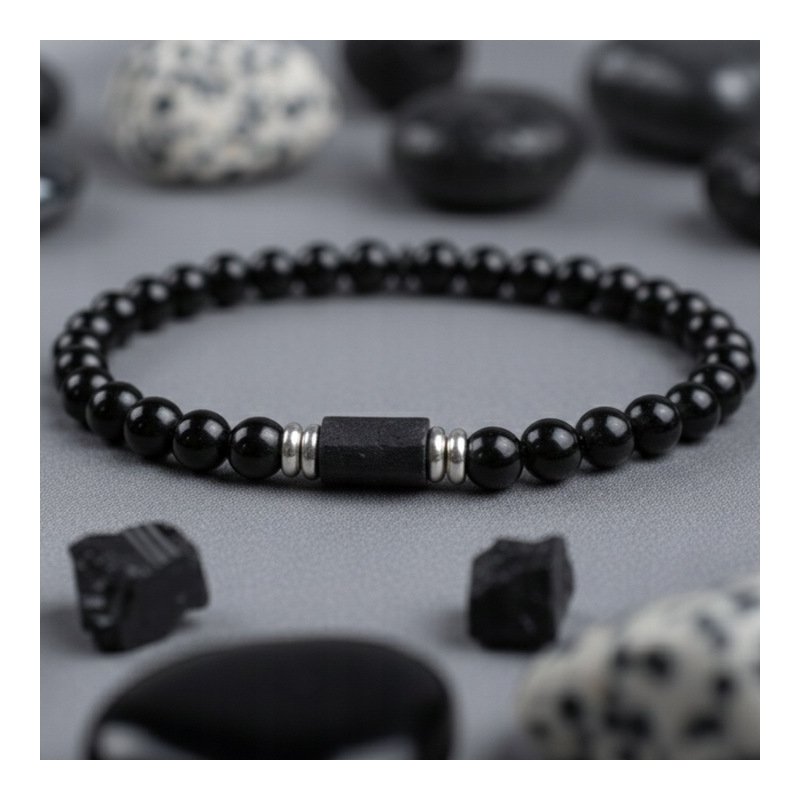 Bransoleta męska czarna turmalin kamień wulkaniczny regulowana stal 316L