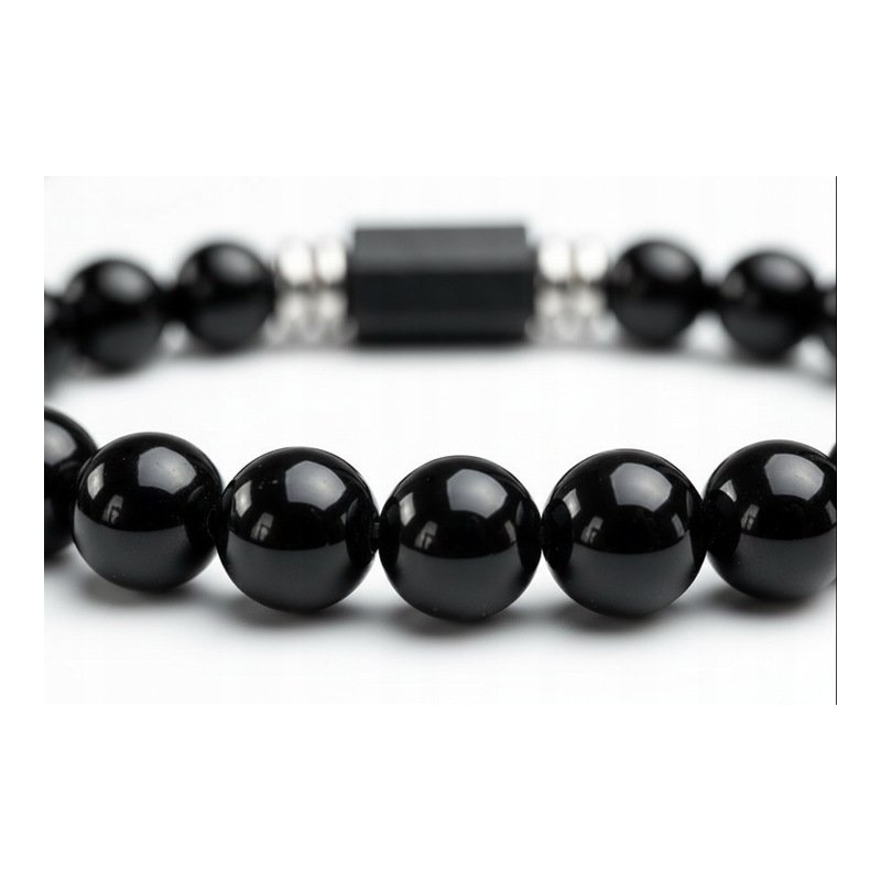 Bransoleta męska czarna turmalin kamień wulkaniczny regulowana stal 316L