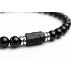 Bransoleta męska czarna turmalin kamień wulkaniczny regulowana stal 316L