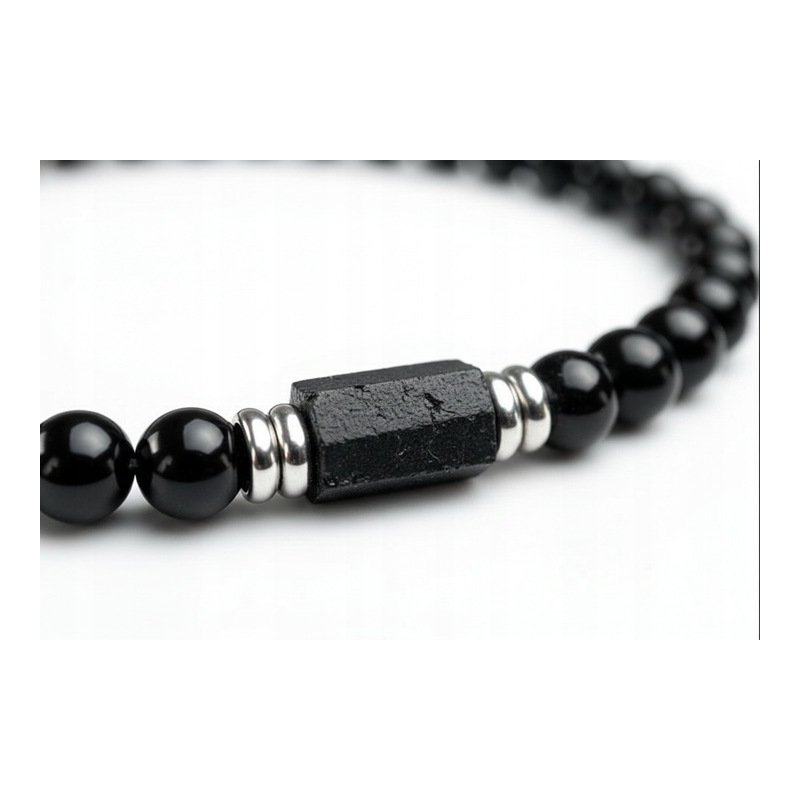 Bransoleta męska czarna turmalin kamień wulkaniczny regulowana stal 316L