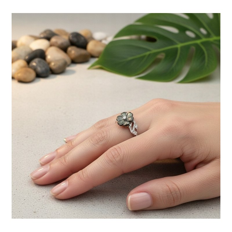 Pierścionek srebrny regulowany damski srebro próba 925 kwiat z cyrkonią