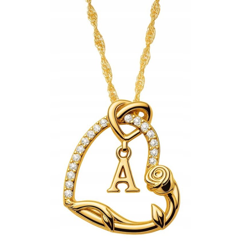 Srebrny Naszyjnik 925 Serce Literka POZŁACANY 585 Kwiat Życia Róża Litera A