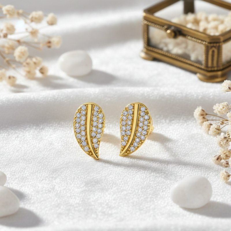 Kolczyki damskie pozłacane listki sztyft wkrętki srebro próba 925