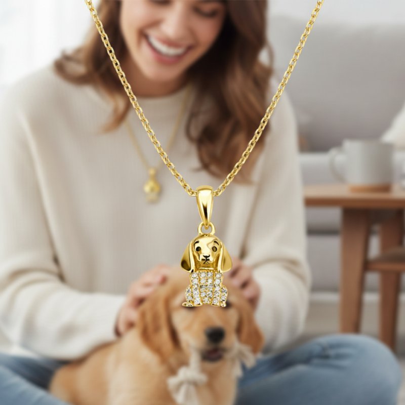 Srebrny pozłacany naszyjnik zawieszka piesek cyrkonia srebro próba 925