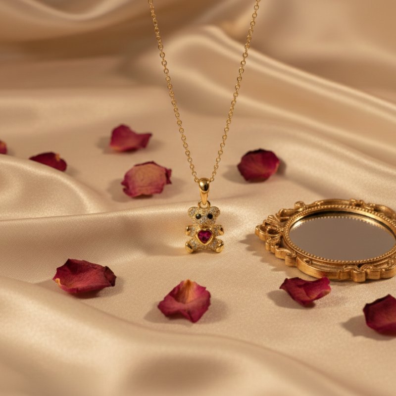 Srebrny pozłacany naszyjnik zawieszka miś serce cyrkonia srebro próba 925