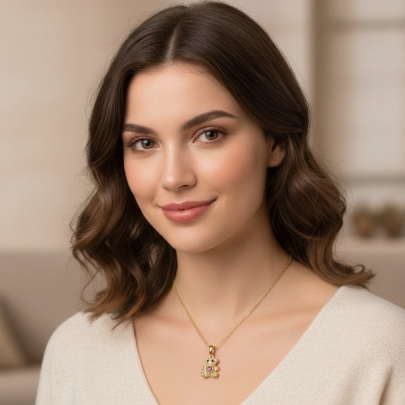 Srebrny pozłacany naszyjnik zawieszka miś serce cyrkonia srebro próba 925