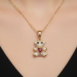 Srebrny pozłacany naszyjnik zawieszka miś serce cyrkonia srebro próba 925