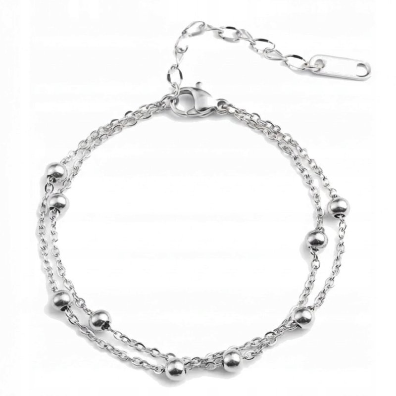 Bransoletka srebrna podwójna damska kulki 21 cm stal chirurgiczna 316L