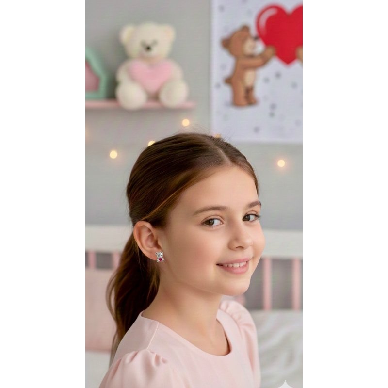 Srebrne kolczyki misie serce cyrkonia srebro próba 925 sztyfty wkrętki