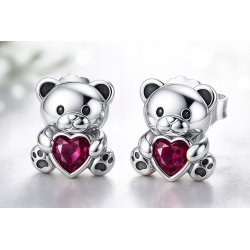 Srebrne kolczyki misie serce cyrkonia srebro próba 925 sztyfty wkrętki